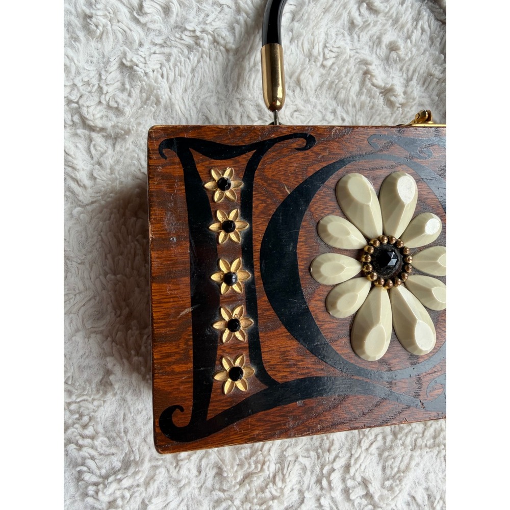 Enid Collins Original Box Bag LOVE Vintage Wood Top Handle Handbag Purse 1960s - Picture 4 of 17